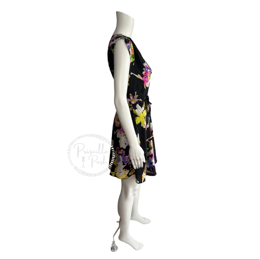 Yumi Kim Black Vibrant Floral Print Wrap Dress Short Sleeve 100% Silk Pink Green - Picture 8 of 13